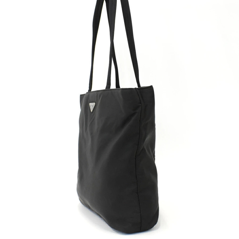 Prada Saffiano Tote Black Leather Plate Bag Triangle Shoulder Tessuto Black